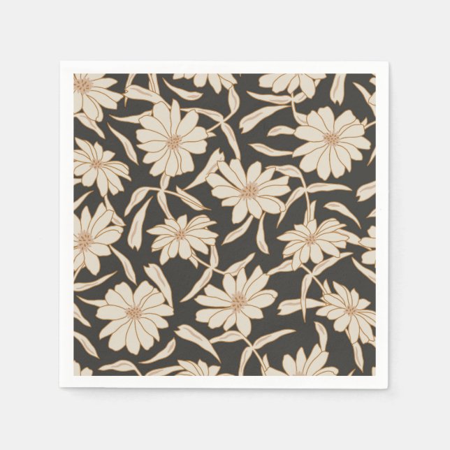 Boho Modern Botanical Black Ivory Wedding Napkins (Front)