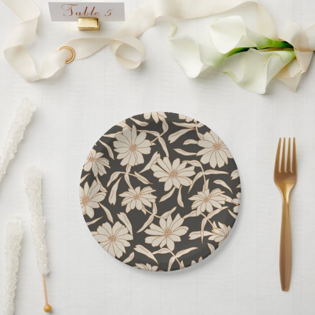 Boho Modern Botanical Black Ivory Wedding Paper Plates (Wedding)