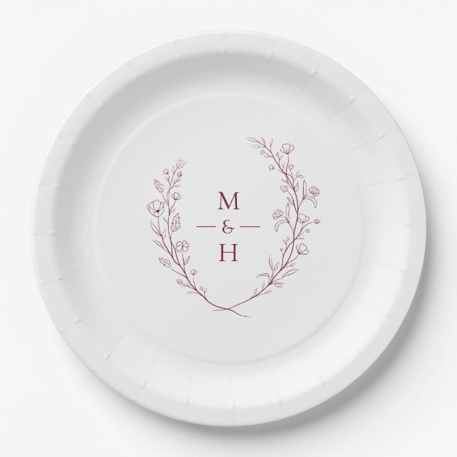 Boho Modern Botanical Monogram Wedding Party Paper Plates (Front)
