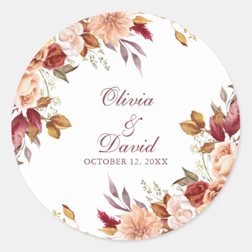 Boho Modern Burnt Orange Terracotta Floral Wedding Classic Round Sticker