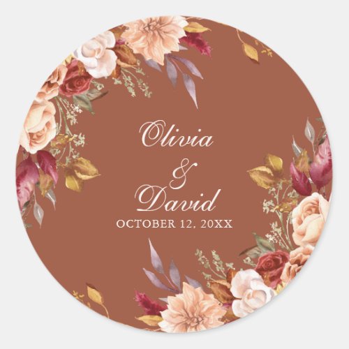 Boho Modern Burnt Orange Terracotta Floral Wedding Classic Round Sticker