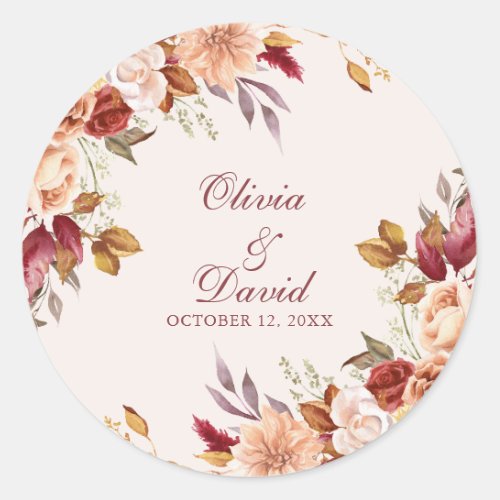 Boho Modern Burnt Orange Terracotta Floral Wedding Classic Round Sticker