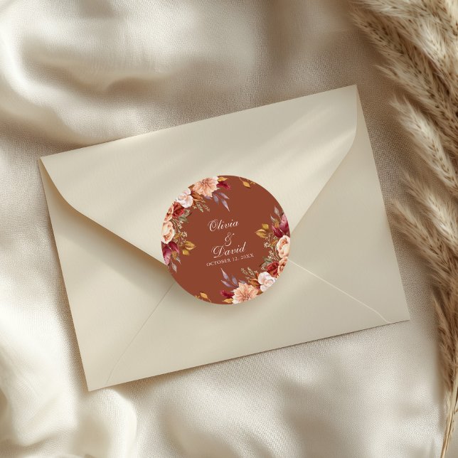 Boho Modern Burnt Orange Terracotta Floral Wedding Classic Round Sticker (Boho Modern Burnt Orange Terracotta Floral Wedding Classic Round Sticker on a wedding envelope.)