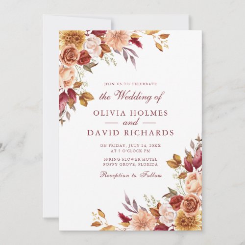 Boho Modern Burnt Orange Terracotta Floral Wedding Invitation