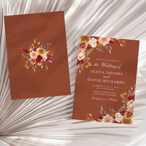 Boho Modern Burnt Orange Terracotta Floral Wedding Invitation