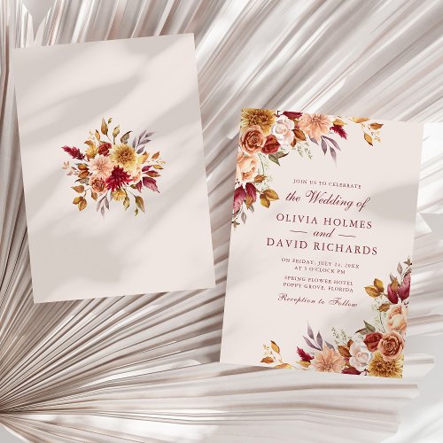 Boho Modern Burnt Orange Terracotta Floral Wedding Invitation