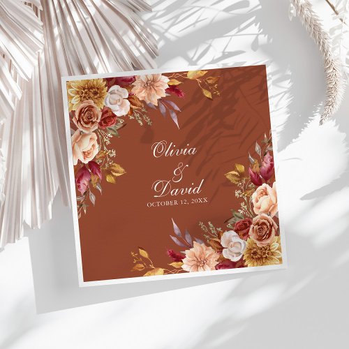 Boho Modern Burnt Orange Terracotta Floral Wedding Paper Dinner Napkins