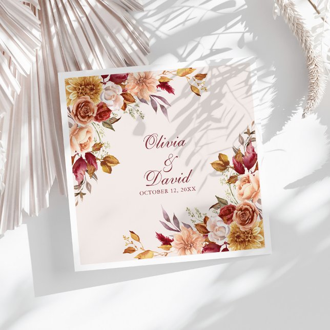 Boho Modern Burnt Orange Terracotta Floral Wedding Paper Dinner Napkins (Boho Modern Burnt Orange Terracotta Floral Wedding Paper Dinner Napkins on a sunny white table.)