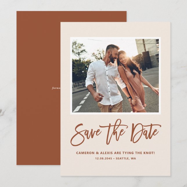 Boho Modern Calligraphy Terracotta Photo Save The Date (Front/Back)