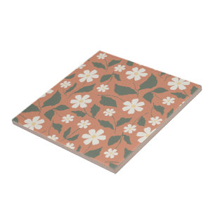Boho Modern Daisy Pattern Terracotta Sage Ceramic Tile
