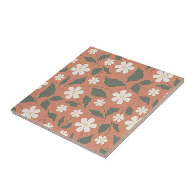 Boho Modern Daisy Pattern Terracotta Sage Ceramic Tile (Side)