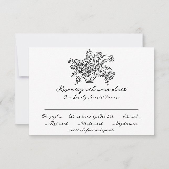 Boho Modern Doodle Hand Drawn Black & White Simple RSVP Card (Front)