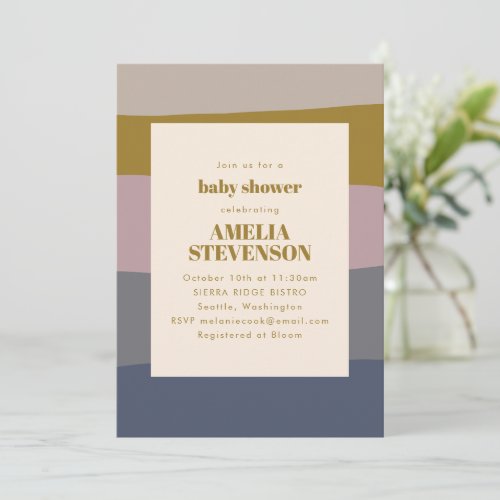 Boho Modern Dusty Mauve Blue Striped Baby Shower Invitation