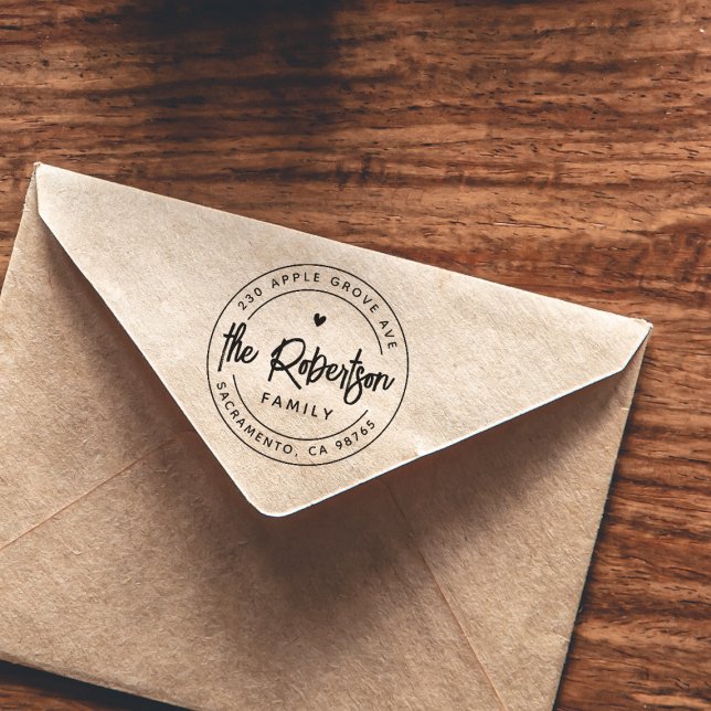 Boho Modern Family Name Heart Return Address Round Rubber Stamp (Stamp Mockup)