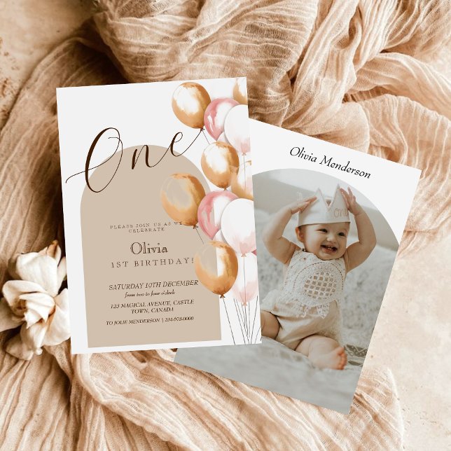 Boho Modern First Birthday Balloons Birthday Photo Invitation (Creator Uploaded)