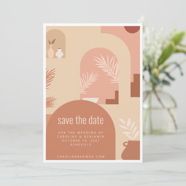 Boho Modern Floral Art Terracotta Simple Save The Date (Standing Front)