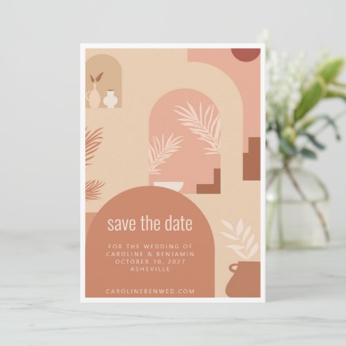 Boho Modern Floral Art Terracotta Simple Save The Date