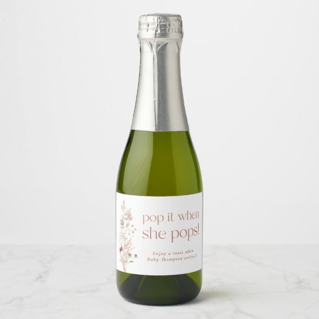 Boho Modern Floral Baby Shower Sparkling Wine Labe Sparkling Wine Label (Front)