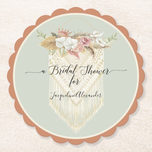 BOHO Modern Floral Greenery Macrame Bridal Shower  Paper Coaster (Front)