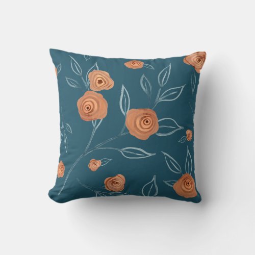 BOHO Modern Floral Watercolor Turquoise Peach Leaf Throw Pillow