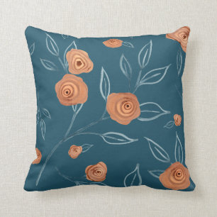 BOHO Modern Floral Watercolor Turquoise Peach Leaf Throw Pillow