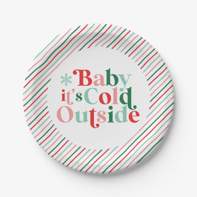 Boho Modern Font Baby It's Cold Outside Christmas Paper Plates (Front)