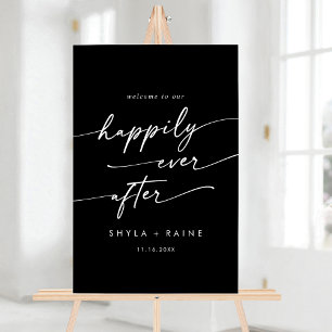 Boho Modern Happily White Black Wedding Welcome Acrylic Sign