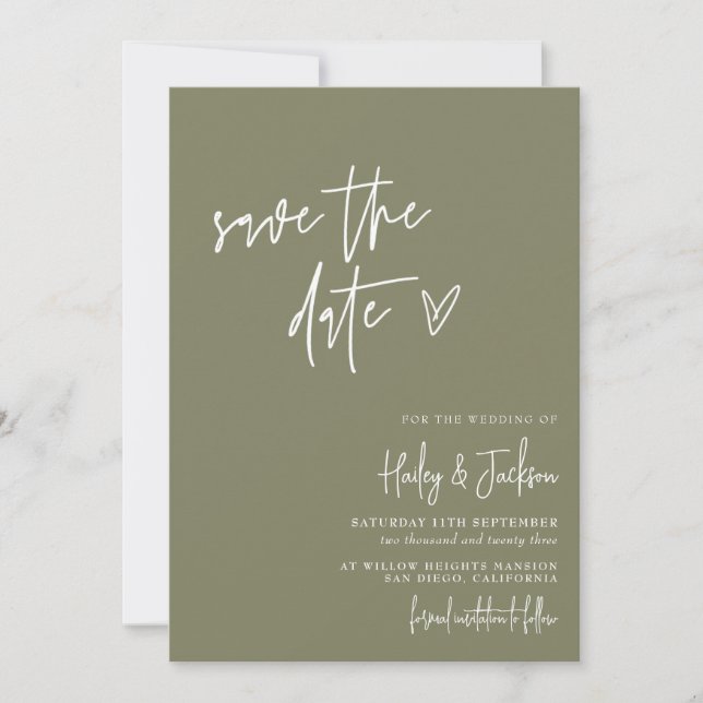 Boho Modern Minimalist Green Save The Date Card (Front)