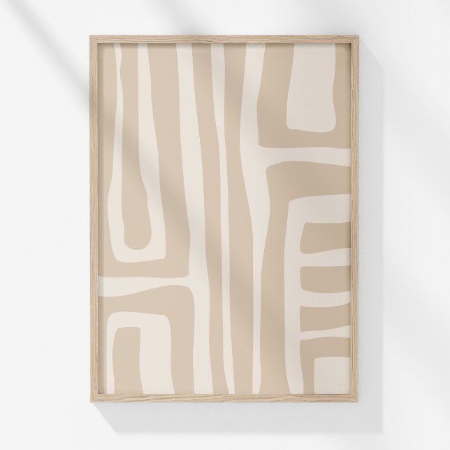 Boho Modern Muted Beige Neutral Abstract Art Poster (Boho Modern Muted Beige Neutral Abstract Art Poster in a neutral wooden frame on the wall.)