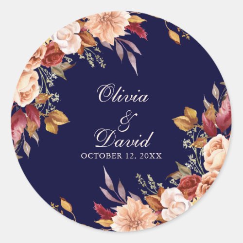 Boho Modern Navy Blue Burnt Orange Floral Wedding Classic Round Sticker