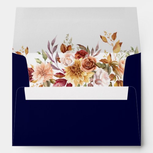 Boho Modern Navy Blue Burnt Orange Floral Wedding Envelope