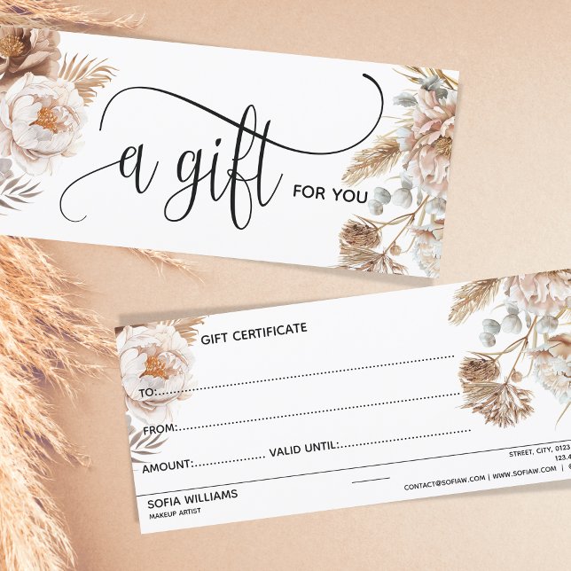 Boho Modern Pink Floral Certificate Gift Card (ivory and blush pink boho watercolor floral)