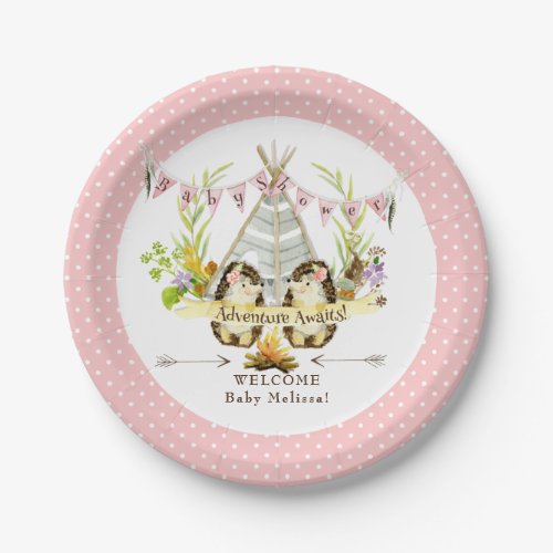 BOHO Modern Pink Girl Baby Shower Hedgehog Floral Paper Plates