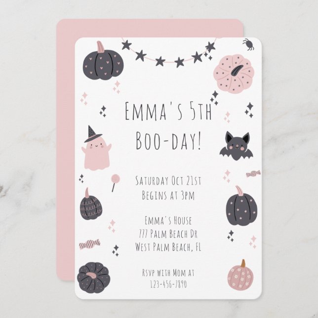 Boho Modern Pink Halloween Birthday Invitation (Front/Back)