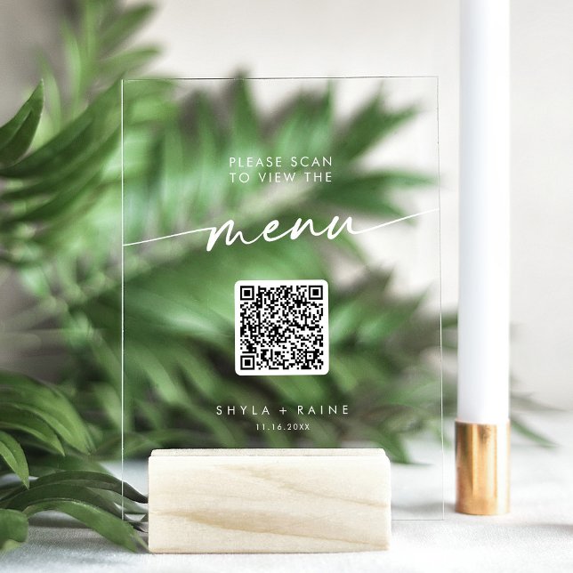 Boho Modern QR Code White Clear Wedding Menu Acrylic Sign (Creator Uploaded)