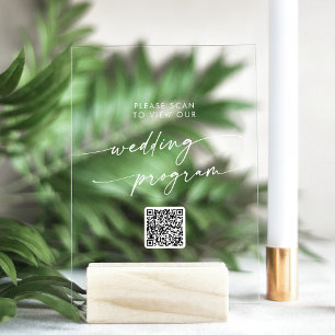 Boho Modern QR Code White Clear Wedding Program Acrylic Sign