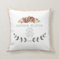 BOHO Modern Rose Floral Laurel Leaf Birth Stat Throw Pillow