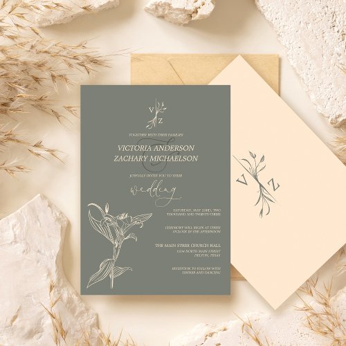 Boho Modern Sage Green Floral Wedding Invitation