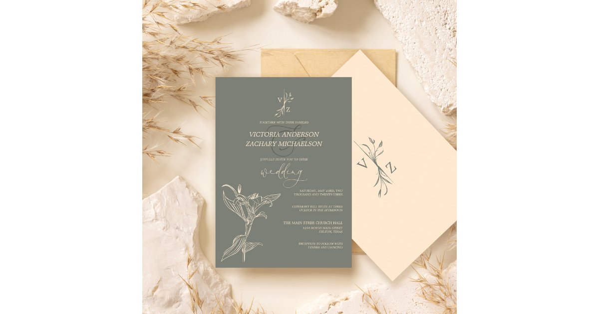 Boho Modern Sage Green Floral Wedding Invitation | Zazzle
