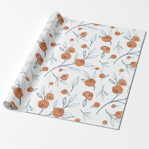 BOHO Modern Terracotta Floral Watercolor Blue Leaf Wrapping Paper