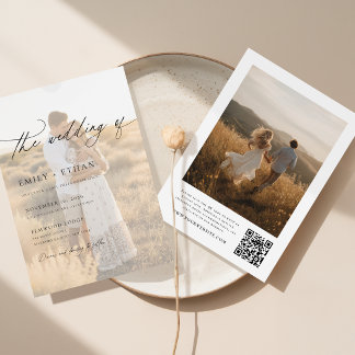 Boho Modern Vellum Overlay Photo QR Code Wedding Invitation