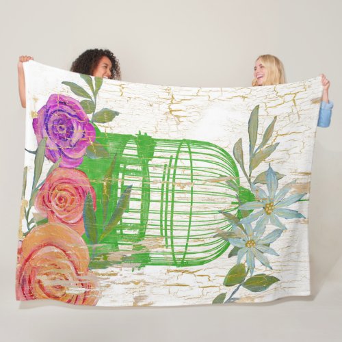 Boho Modern Vintage Floral Bird Cage Wood Fleece Blanket