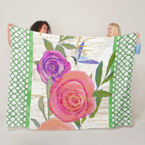 Boho Modern Vintage Floral Roses Butterfly Trellis Fleece Blanket