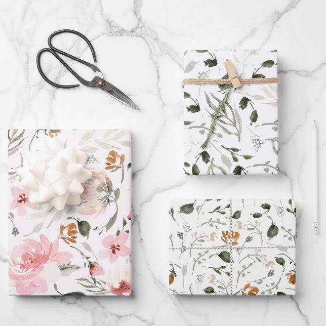 Boho modern watercolor floral wrapping paper sheets (Front)