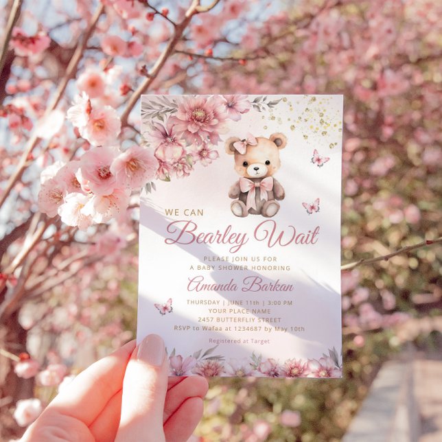 Boho Modern Watercolor Teddy Bear Girl Baby Shower Invitation (Creator Uploaded)
