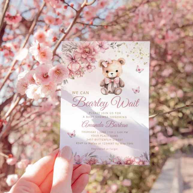 Boho Modern Watercolor Teddy Bear Girl Baby Shower Invitation | Zazzle