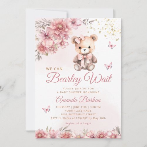 Boho Modern Watercolor Teddy Bear Girl Baby Shower Invitation