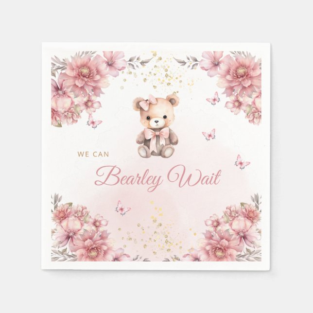 Boho Modern Watercolor Teddy Bear Girl Baby Shower Napkins (Front)