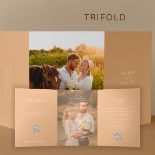 Boho modern wedding photo RSVP details QR code  Tri-Fold Invitation