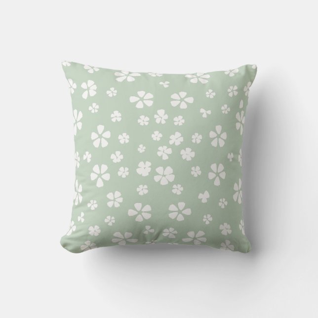 Boho modern white wildflower mist green throw pillow (Front)